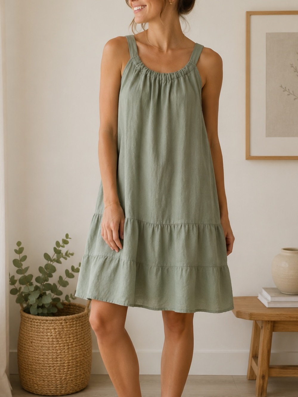 Bellambia Sage Green Linen Tiered Sundress